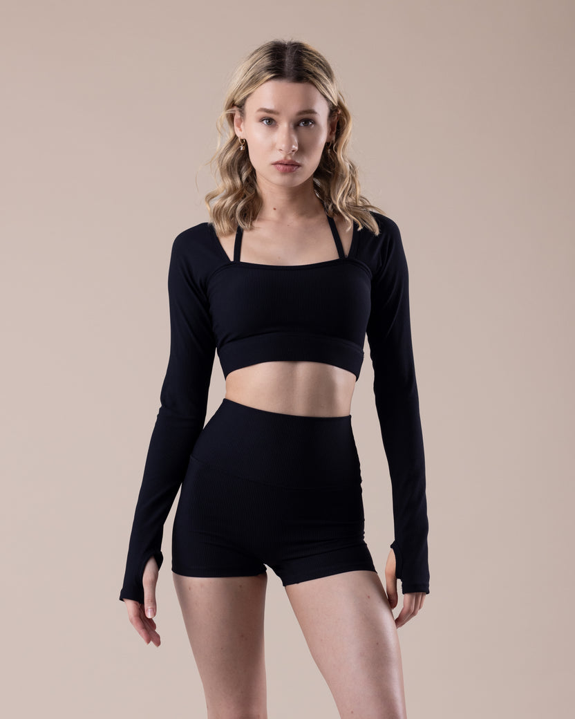Ribbed Seamless Long Sleeve Top - Black
