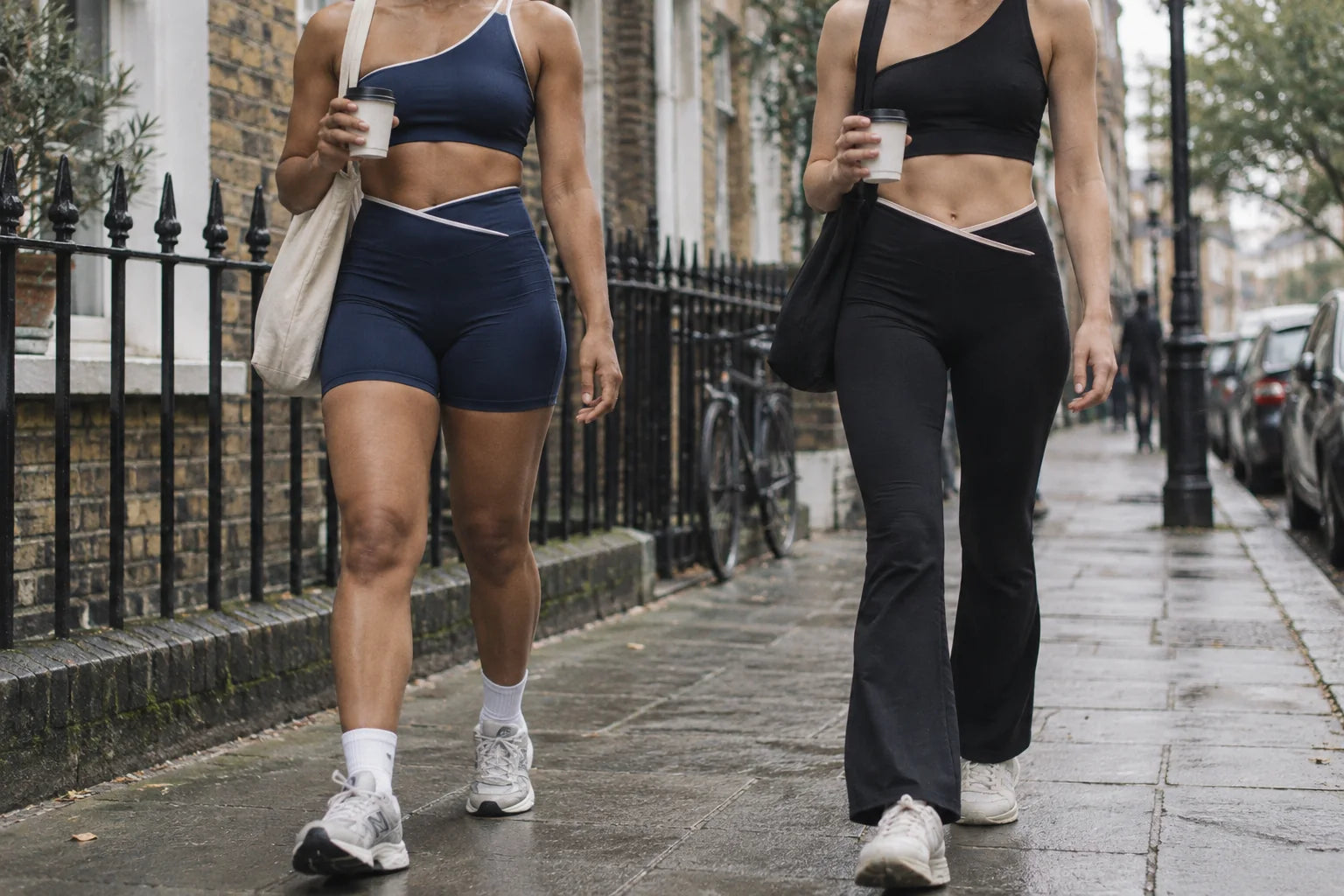 Navy and black asymmetric activewear on a London street