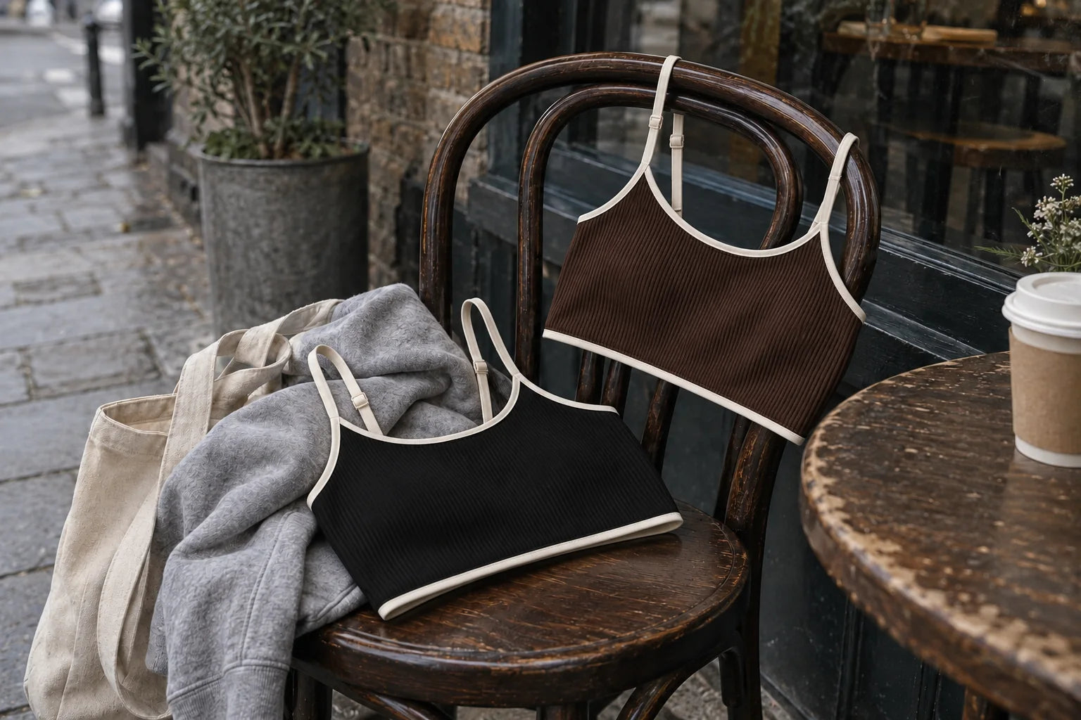 Espresso and black sports bras styled at a pavement cafe