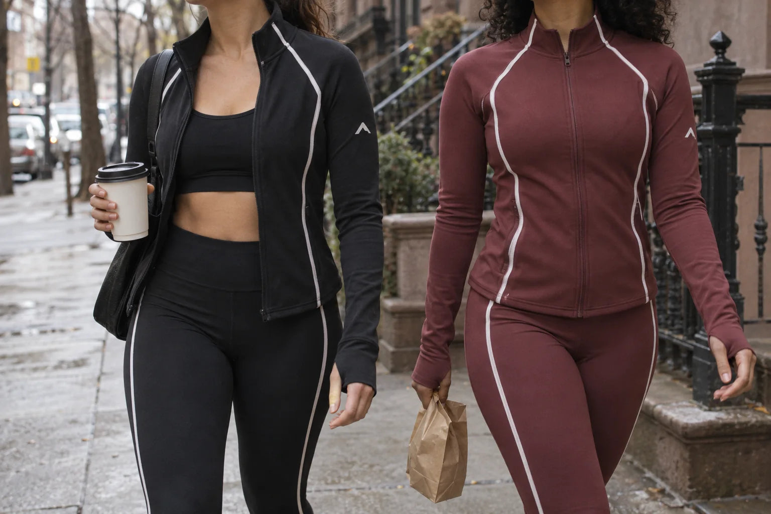 Black and burgundy zip jackets on a city coffee run
