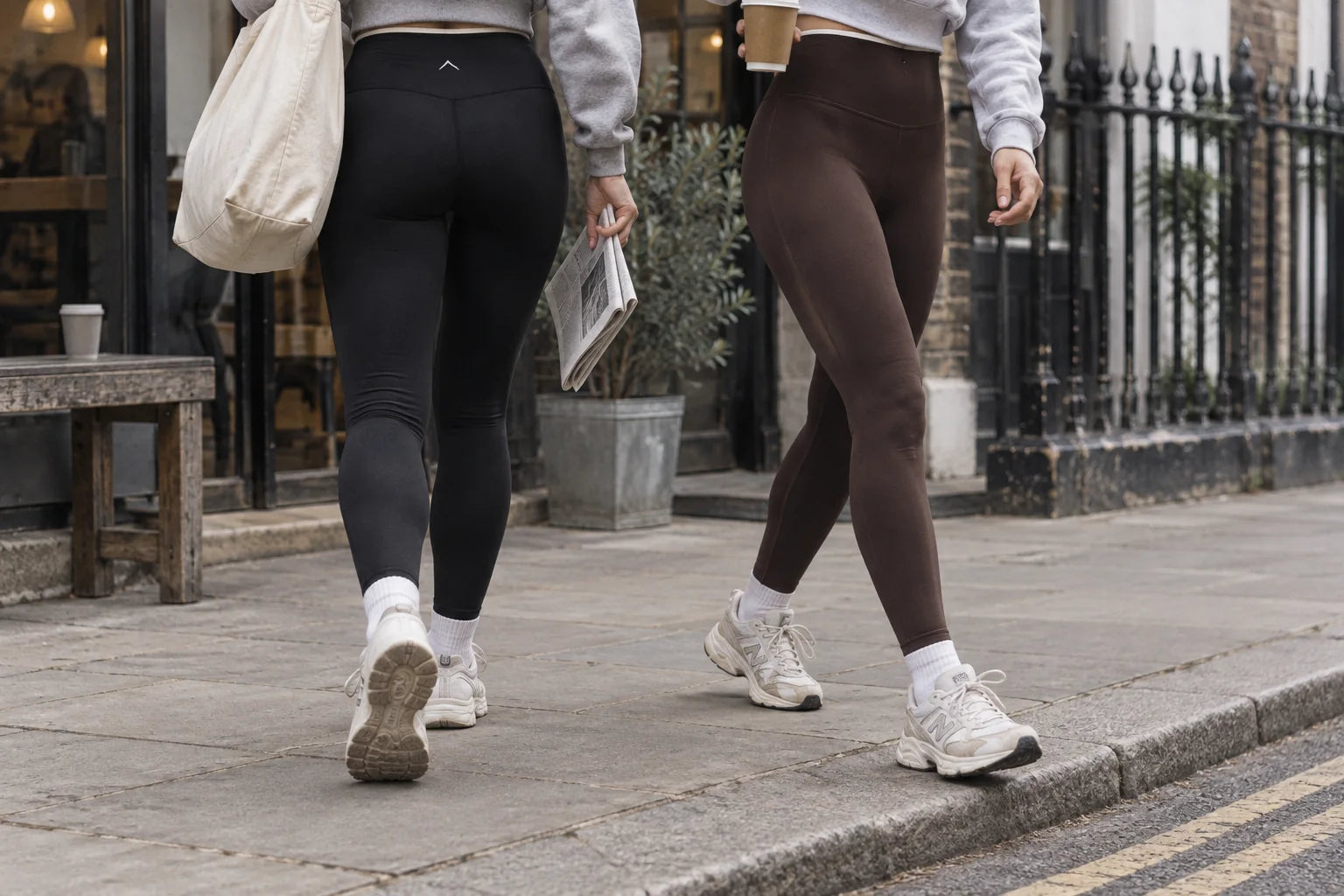 Black and espresso leggings on a London coffee run